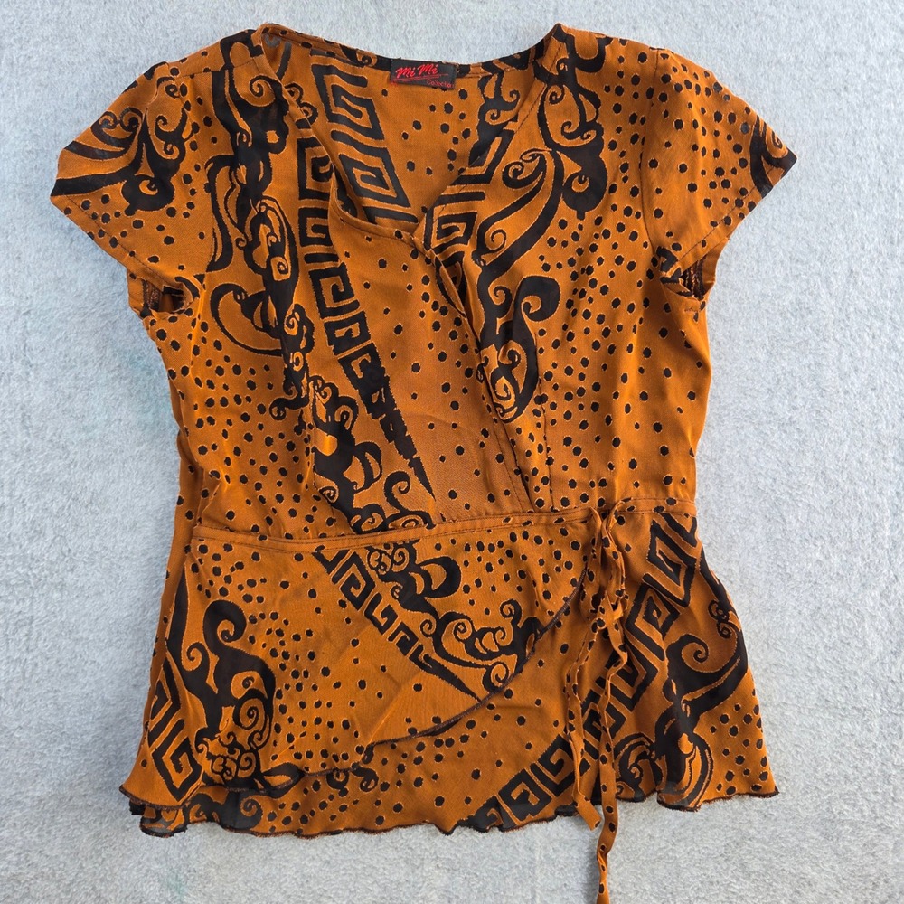 Mi Mi Collection Wrap Blouse Women Small Orange Black Tribal Print Mesh Top